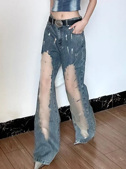 ADAgirl Spliced Hollow Out Casual Jeans for Women Y2k Streetwear Retro Baggy Kpop Boot Cut Denim Pants Harajuku Hip Hop Trousers