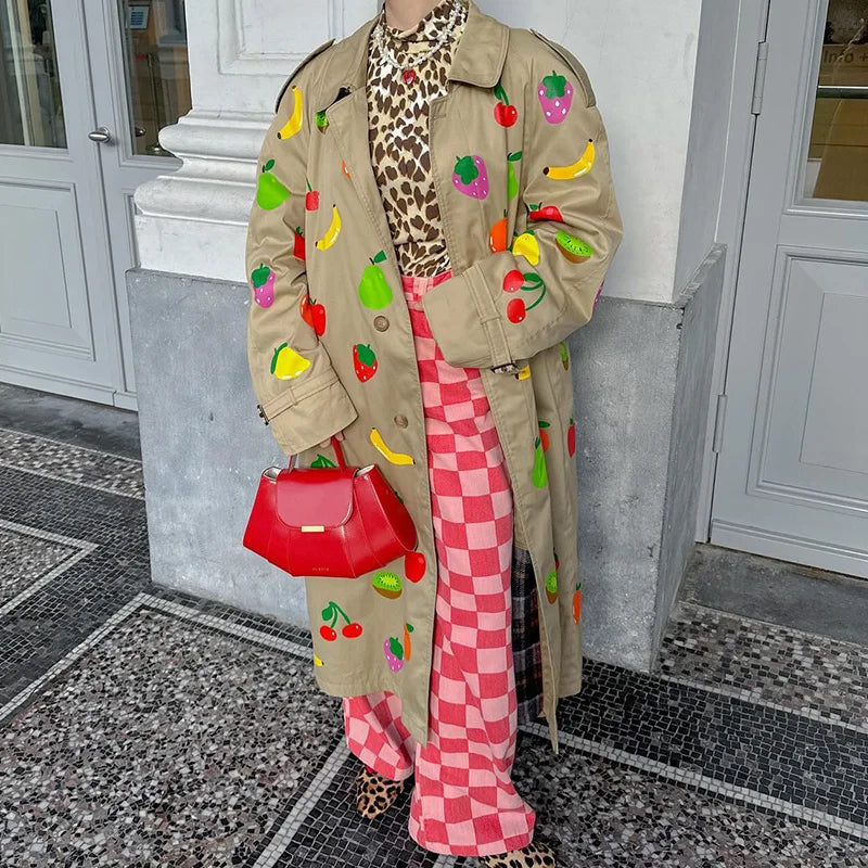 Fruit Pattern Print Wind Coat Single Breasted Turn-down Collar Long Coat Fashion Pocket Trench Coat 2025 Spring Lady Outerwear