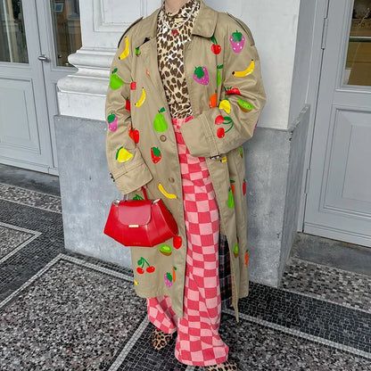 Fruit Pattern Print Wind Coat Single Breasted Turn-down Collar Long Coat Fashion Pocket Trench Coat 2025 Spring Lady Outerwear
