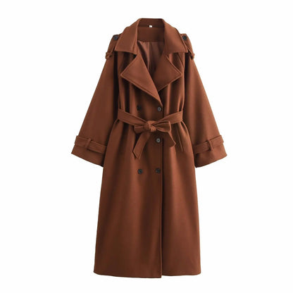 Elegant Solid Women Woolen Long Coats Loose Lapel Double-breasted Full Sleeve Shoulder Pads Overcoat 2026 Spring New Outerwears