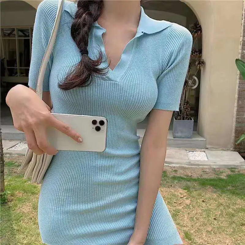 Short Sleeve Dress Women Slim Knitting Female Clothes Summer Streetwear Vacation Casual Soft Sweet Basic Ulzzang Vestidos