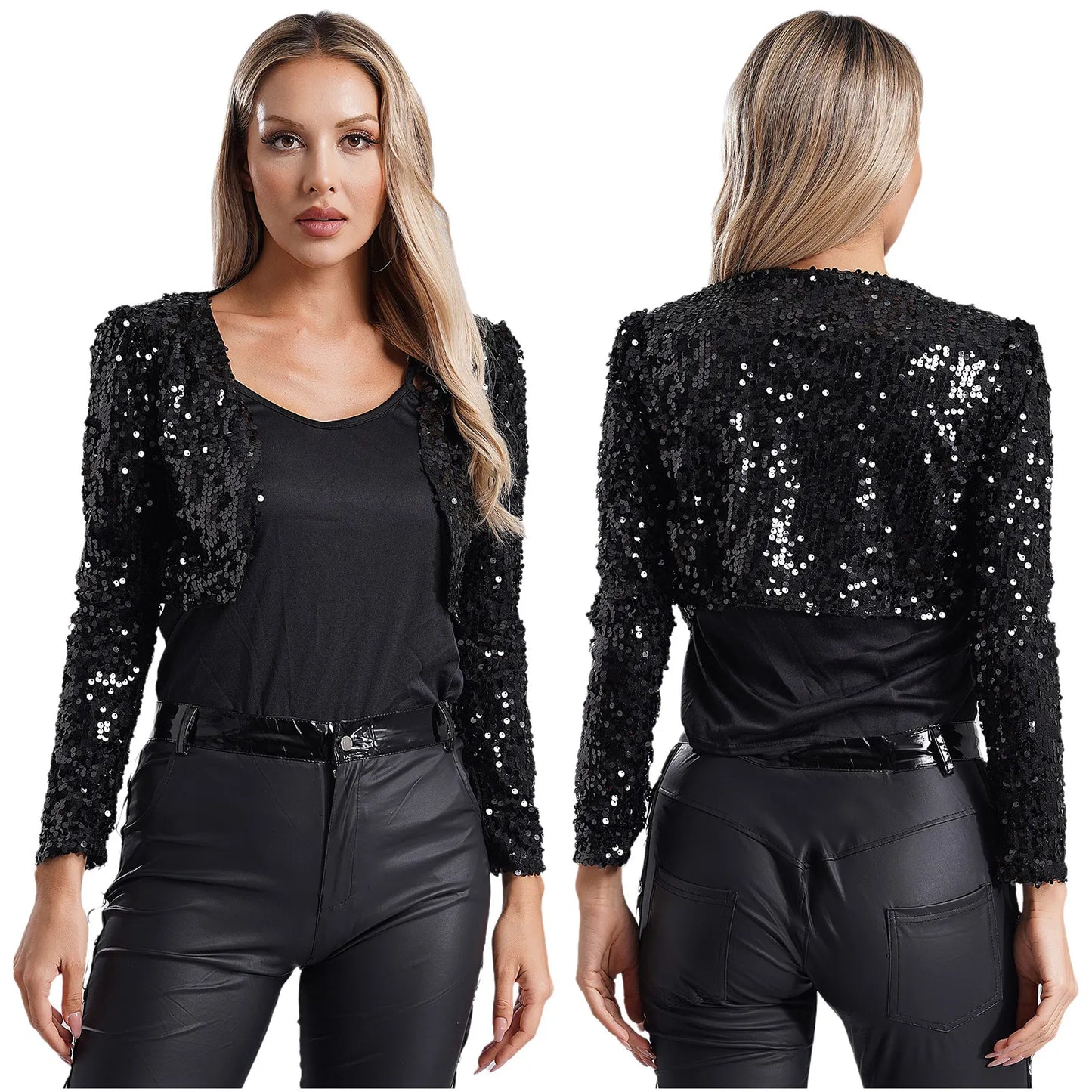 Womens Sequin Crop Jacket Open Front Long Sleeve Fully Lining Cardigan Cropped Blazer Bolero Shrug Cocktail Club Party Outerwear
