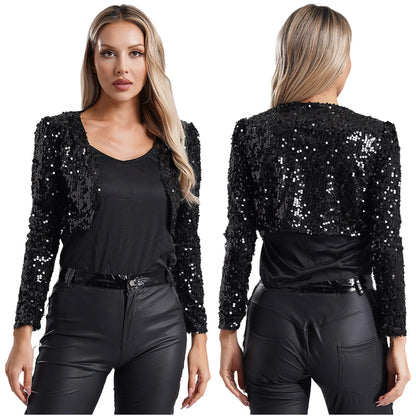 Womens Sequin Crop Jacket Open Front Long Sleeve Fully Lining Cardigan Cropped Blazer Bolero Shrug Cocktail Club Party Outerwear
