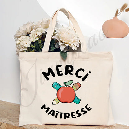 Thank You Teacher French Print Women Shoulder Bag CanvasShopping Bags Female Handbags Reusable Tote Bag Best Gifts for Maitresse