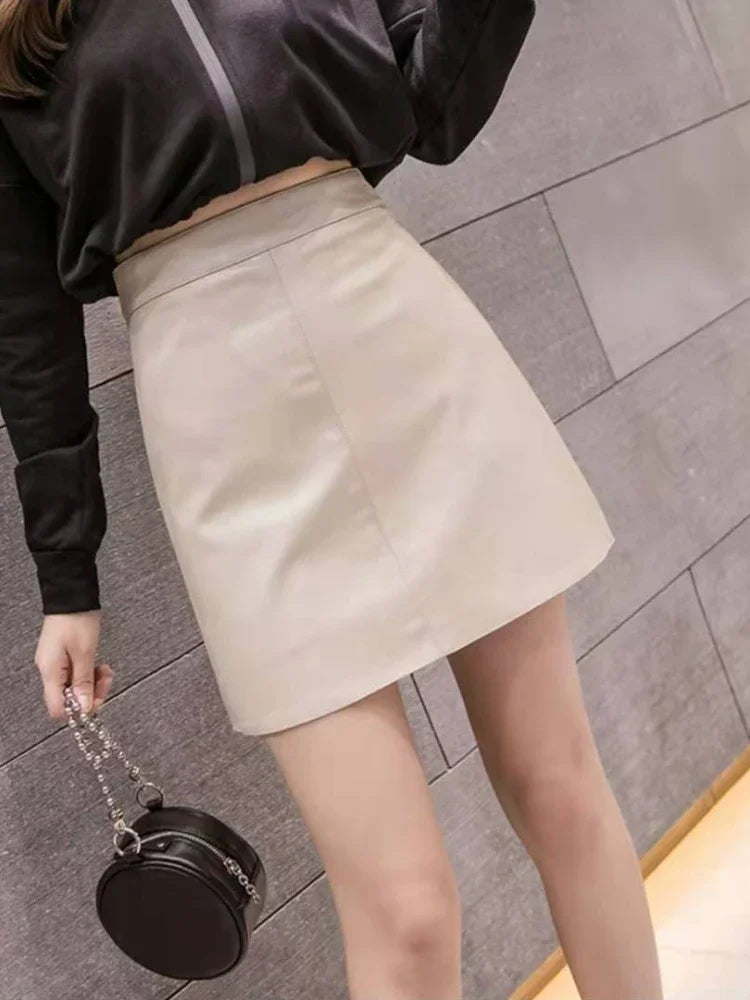 PU Skirt Women A Line Streetwear Patent Leather Black Pink Blue Casual Faldas Mujer Moda Sute Sweet Kawaii Saia