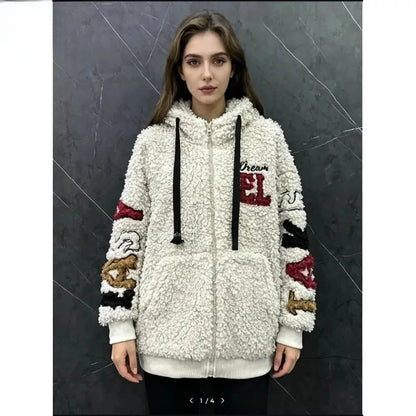 2026 Autumn and Winter Cartoon Minnie Lamb Wool Hooded Cardigan Jacket Women's Loose Casual Sweet Top