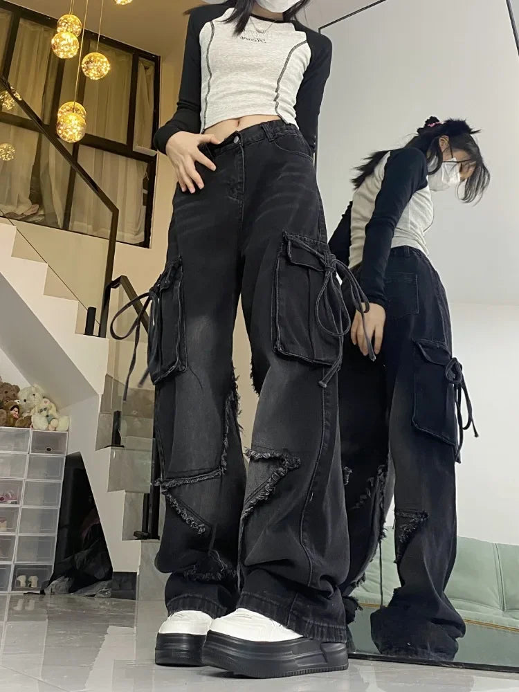 HOUZHOU Vintage Y2k Women Black Baggy Cargo Jeans with Star Gothic Harajuku 90s Aesthetic Denim Trousers Kpop 2000s Jean Pants