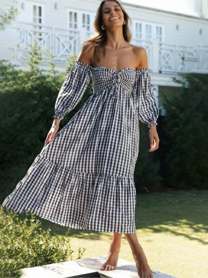 Fashion Print Off Shoulder Women's Plaid Dress New Autumn Fashion Elegant Party Casual Dresses Femlae Holiday Robe Femme