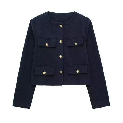 Women Elegant Cropped Jacket 2025 Women's Fashion Jacket O-Neck Long Sleeved Flip Pocket Coat Female Casual Outwear Tops
