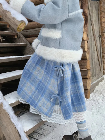 Japanese Blue Plaid Midi Skirt Women Fall Winter Sweet Bow Lace Patchwork Skirts Fashion High Waist Thicken Aesthetic Cute Skirt