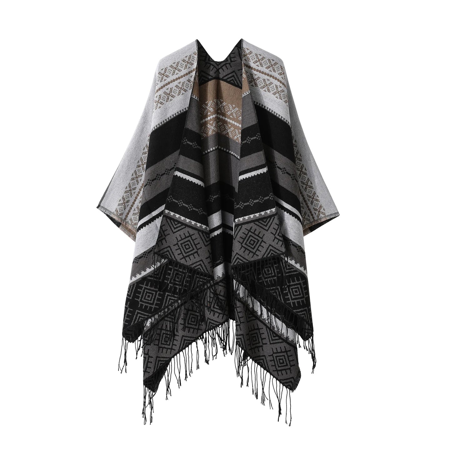 Poncho New Split Warm Shawl Vintage Ethnic Style Scarf Imitation Cashmere Tassel Women Cape Lady Cloak Warm Coat Khaki