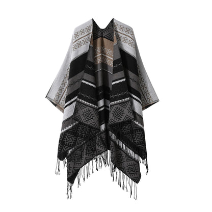 Poncho New Split Warm Shawl Vintage Ethnic Style Scarf Imitation Cashmere Tassel Women Cape Lady Cloak Warm Coat Khaki