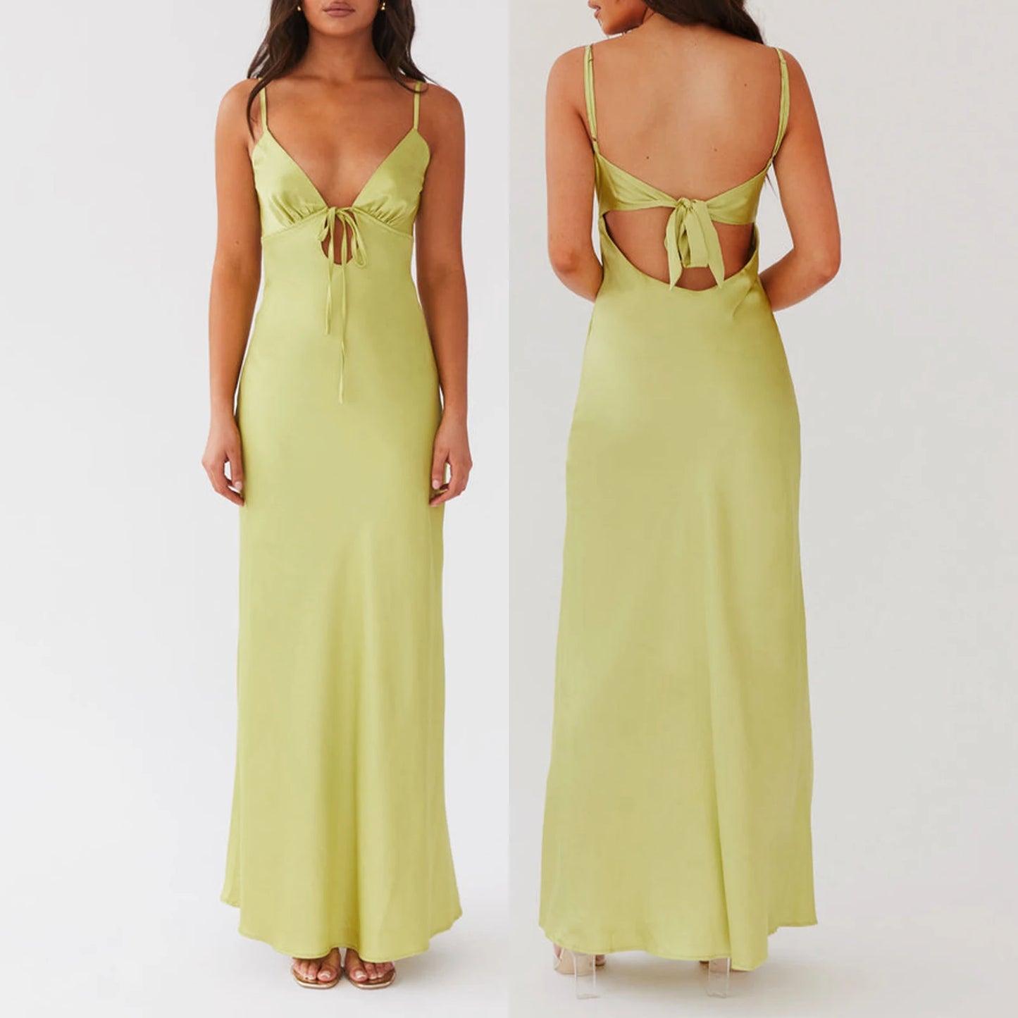 Combhasaki Women's Elegant Solid Color Adjustable Thin Shoulder Straps Cutout Tie-Up Front Backless Summer Long Cami Silky Dress