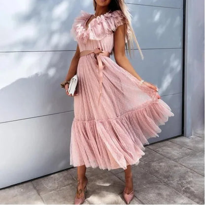2025 Summer Women's Solid Color V-neck Ruffled Belt Short Sleeve Lace Party Dresses Birthday Dress for Female 3XS-10XL 9XL 8XL