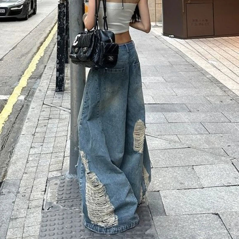American high street ripped old jeans women ins autumn retro Harajuku loose straight wide-leg floor pants women jeans