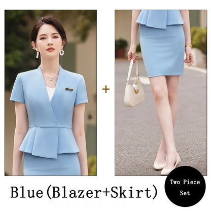 Women's Business Suits Summer Short Sleeve OL Style Office Formal Professional Work Wear Set with Skirt And Tops Career Outfit