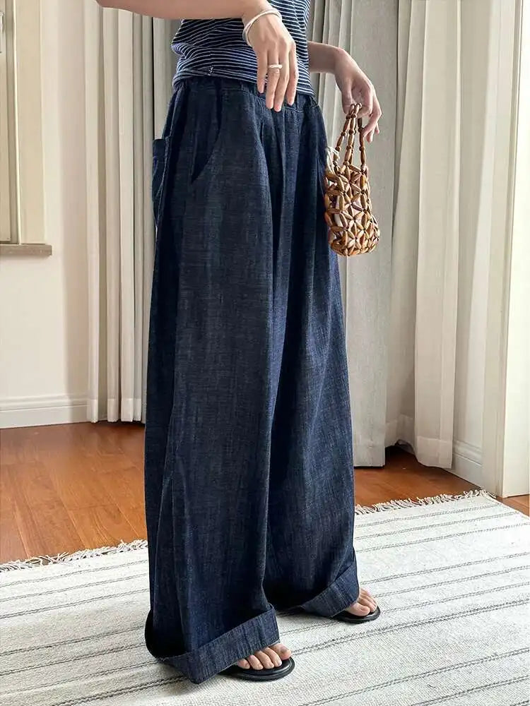[LANMREM] Vintage Elastic High Waist Jeans For Women Straight Wide Leg Denim Pants Sunscreen Trousers 2025 Summer New 26D9421