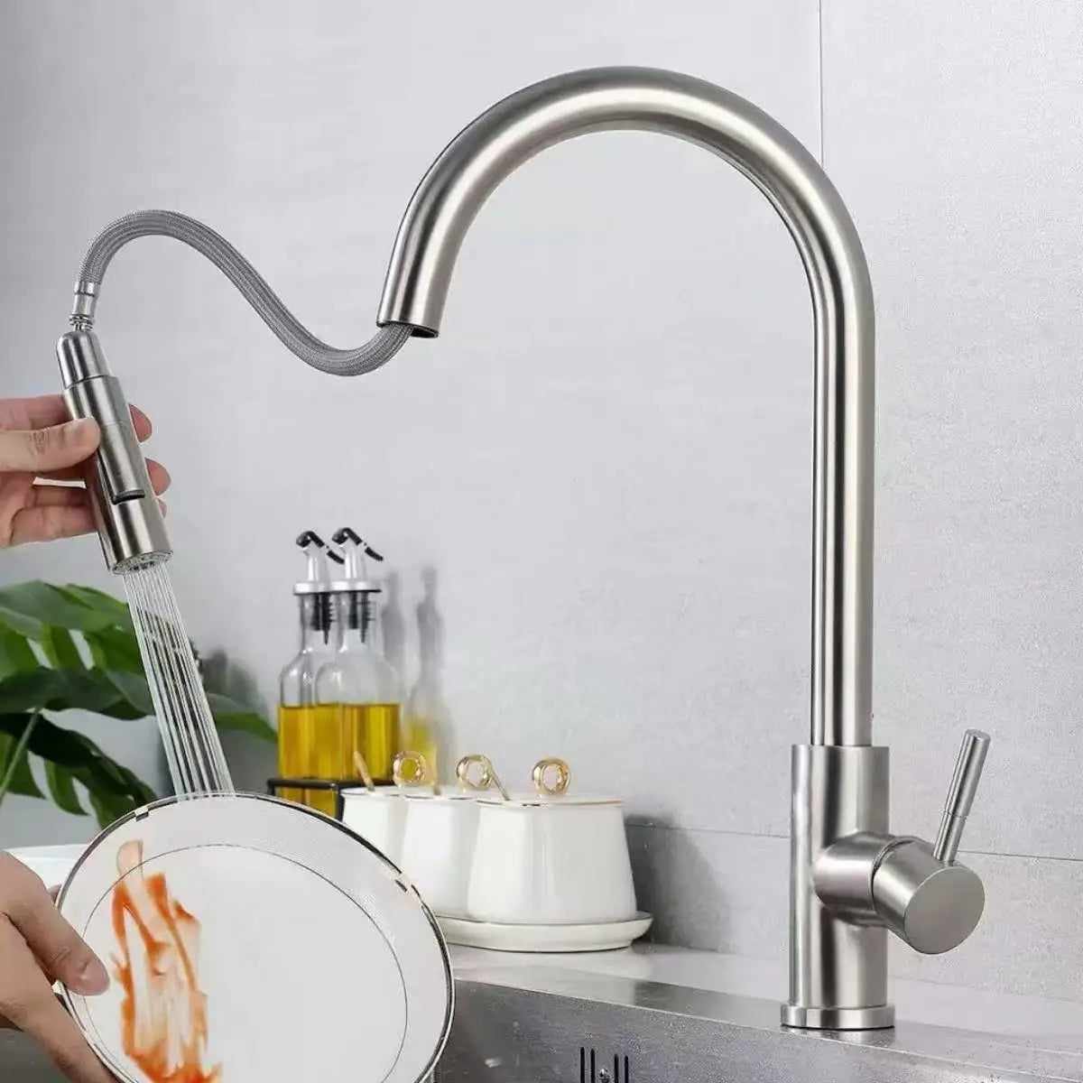 Kitchen Faucet Flexible Pull Out 2 Modes Nozzle Hot Cold Water Mixer Tap Deck Mounted Sprayer and Stream SUS 304 Faucets