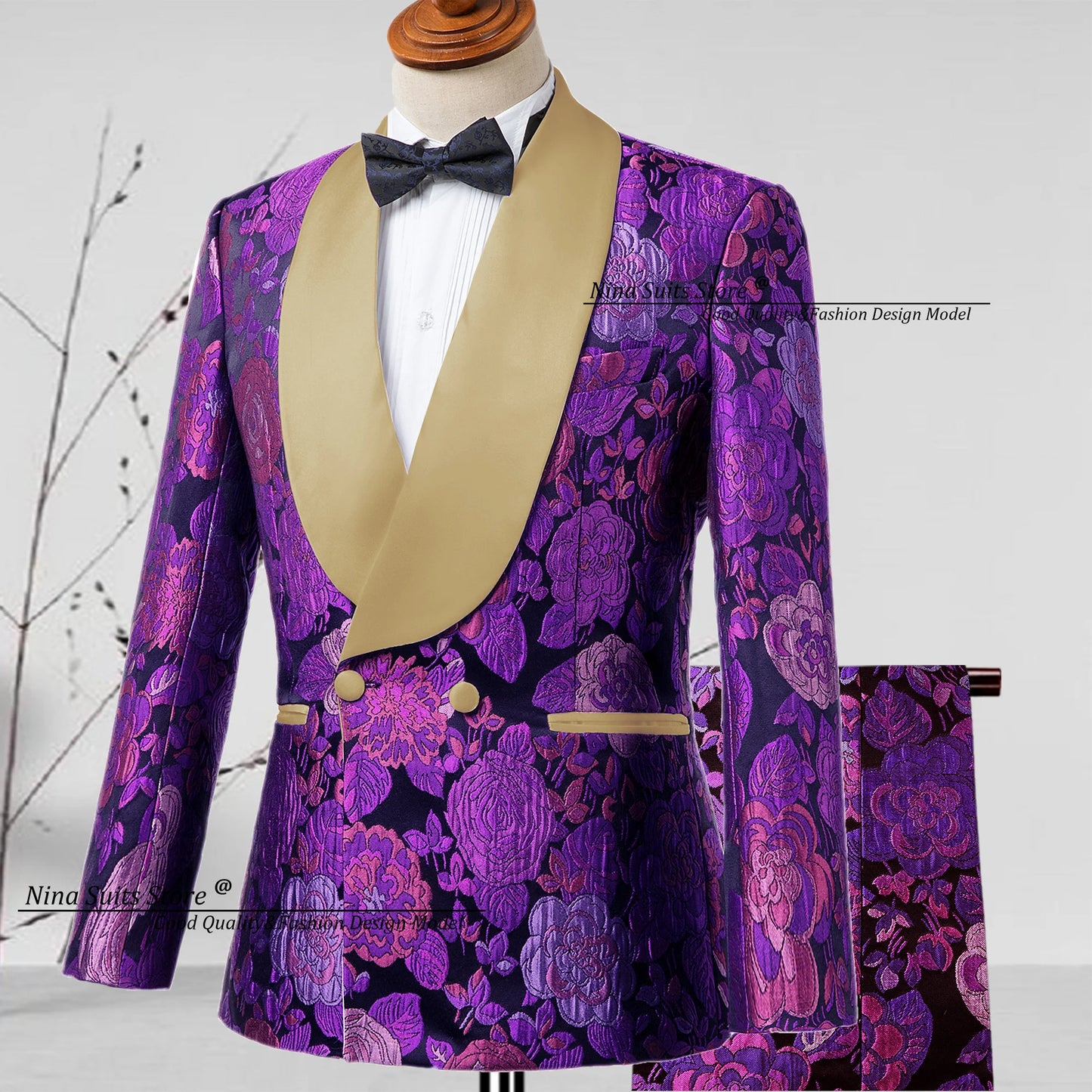 G&N 2025 New Jacquard Suit Men's 2-piece Formal Ball Performance Set Black Satin Collar Purple Rose Red Flower Pattern Costumes
