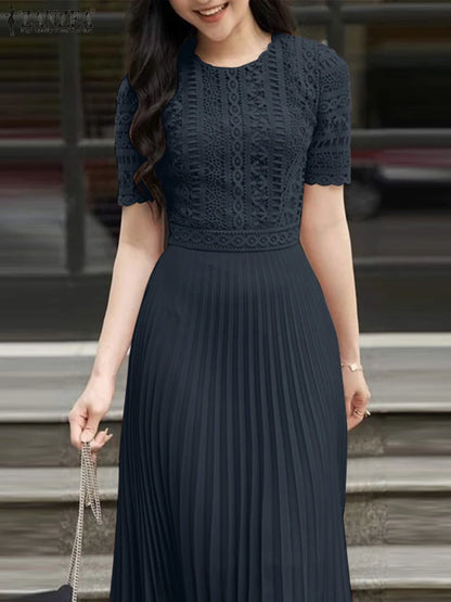 ZANZEA 2025 Summer Sundress Women Elegant Lace Patchwork Desses Stylish Short Sleeve Pleated Work Vestidos Fashion Party Dress