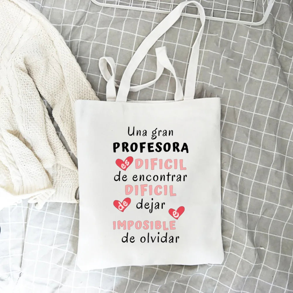 Spanish Printed Women Tote Bag Canvas Shopping Bags Female Travel Shoulder Bag Casual Handbag Graduation Thanks Gift for Teacher