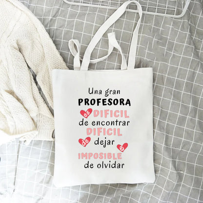 Spanish Printed Women Tote Bag Canvas Shopping Bags Female Travel Shoulder Bag Casual Handbag Graduation Thanks Gift for Teacher