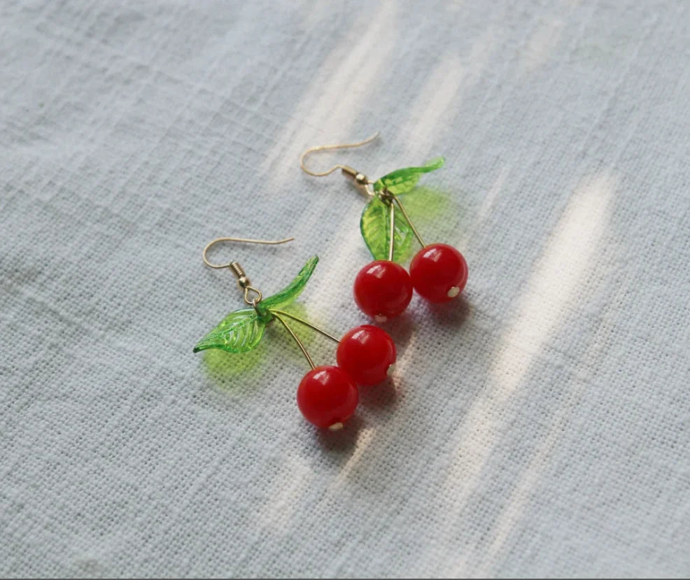 Handmade Cherry Earrings : Gold Cherry Earrings, Berries Earrings, Dangle Earrings