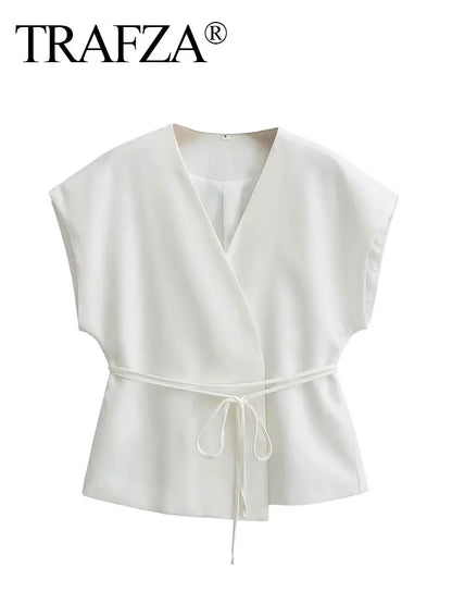 HH Women Elegant Solid Vests V Neck Sleeveless Lace Up Shirt Coat Casual Summer Female Fashion Y2k Top Vests