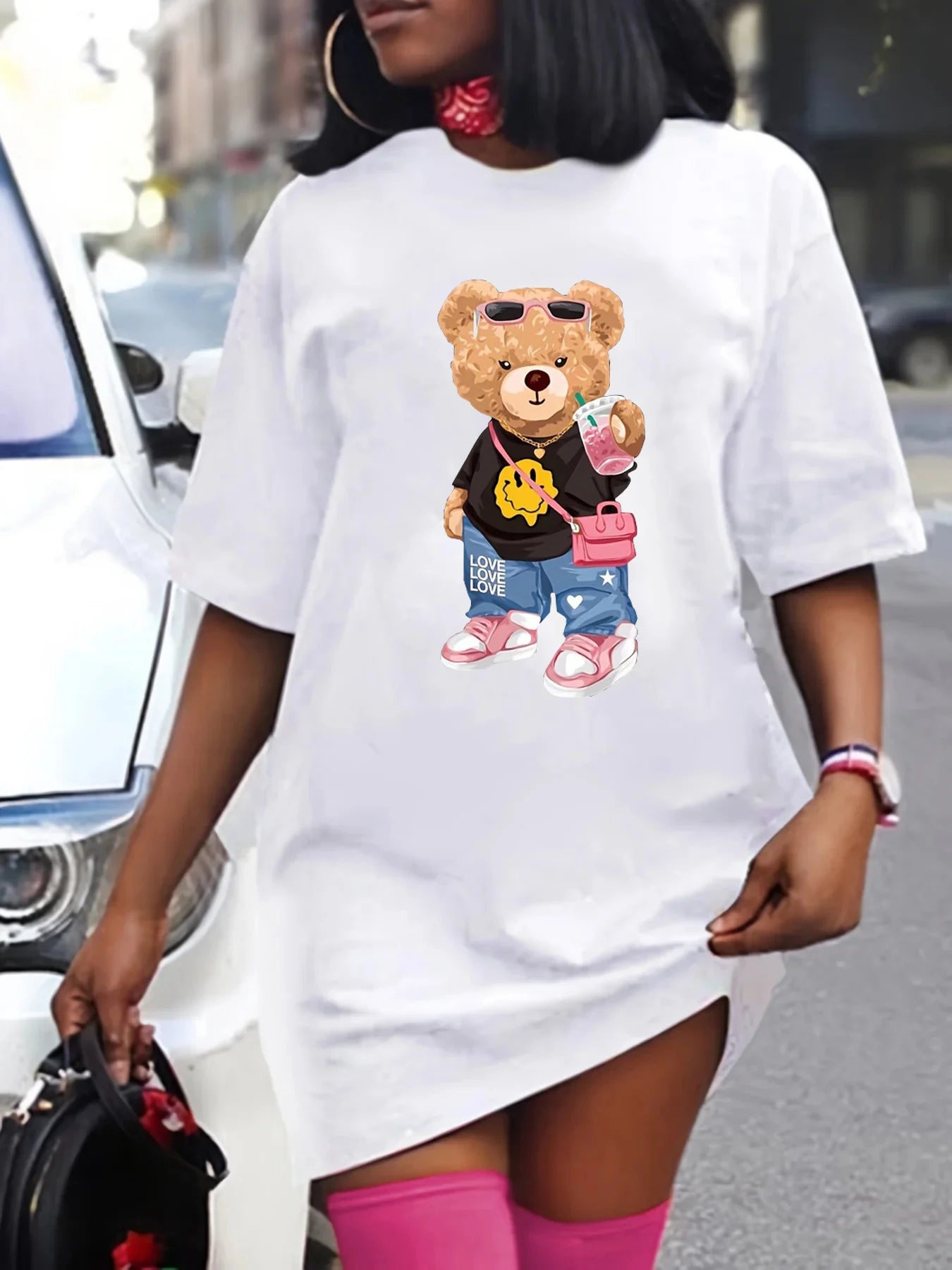 Women's Summer Casual Loose Size BEAR cartoon Print Round Neck Short Sleeve T-shirt Dress Fashion Streetwear Oversized O-Neck