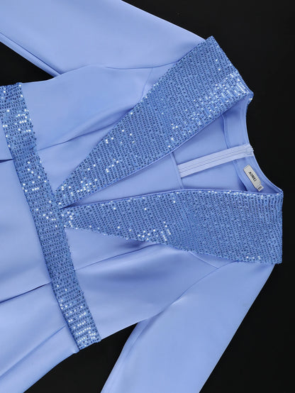 Elegant Women Bodycon Dresses Turn Down Collar Patchwork Sequin Long Sleeve High Waist Peplum Office Ladies Church Party Gowns