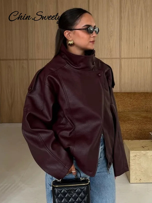 Vintage Stand Neck Leather Jacket Women Solid Motorcycle Style Asymmetry Elastic Hem Loose Cropped Jackets Lady New Outwear 2026