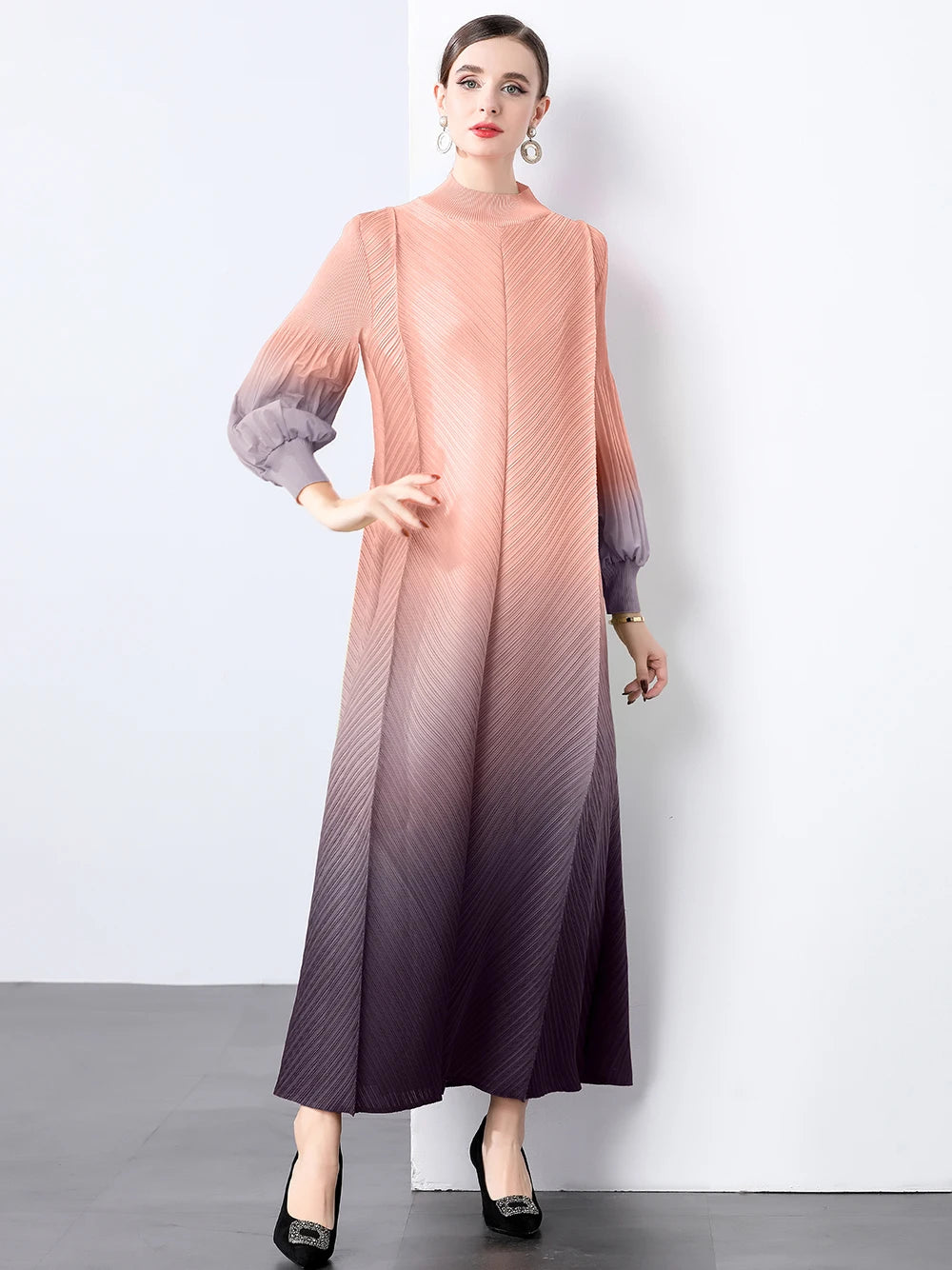 Miyake Wrinkles Pleated Printed Chiffon Maxi Dresses Middle Eastern Clothing Women Loose Women High Neck Long Sleeves Stitching