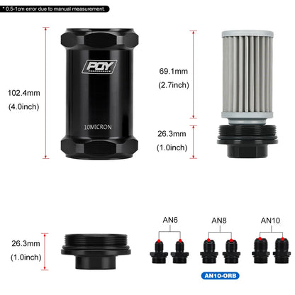 Inline Fuel Filter 10 Micron 100 Micron Fuel Filter Cleanable 6AN 8AN 10AN Adapter Universal