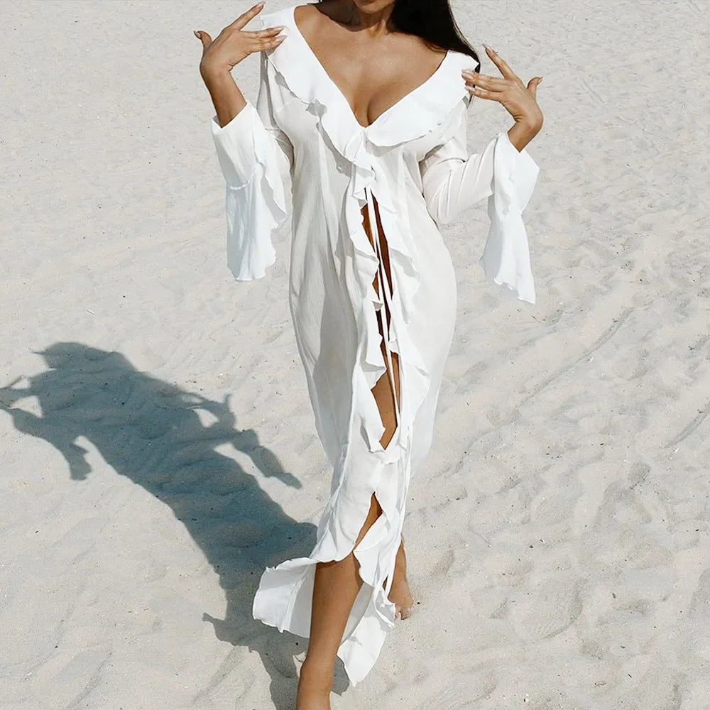V Neck Summer Beach Cover Up Ruffled Loose Bikini Sunscreen Smock Bathing Suit Long Sleeve Swimsuit Cover Up Dress for Women
