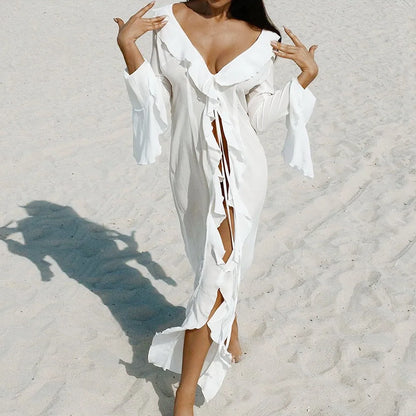 V Neck Summer Beach Cover Up Ruffled Loose Bikini Sunscreen Smock Bathing Suit Long Sleeve Swimsuit Cover Up Dress for Women