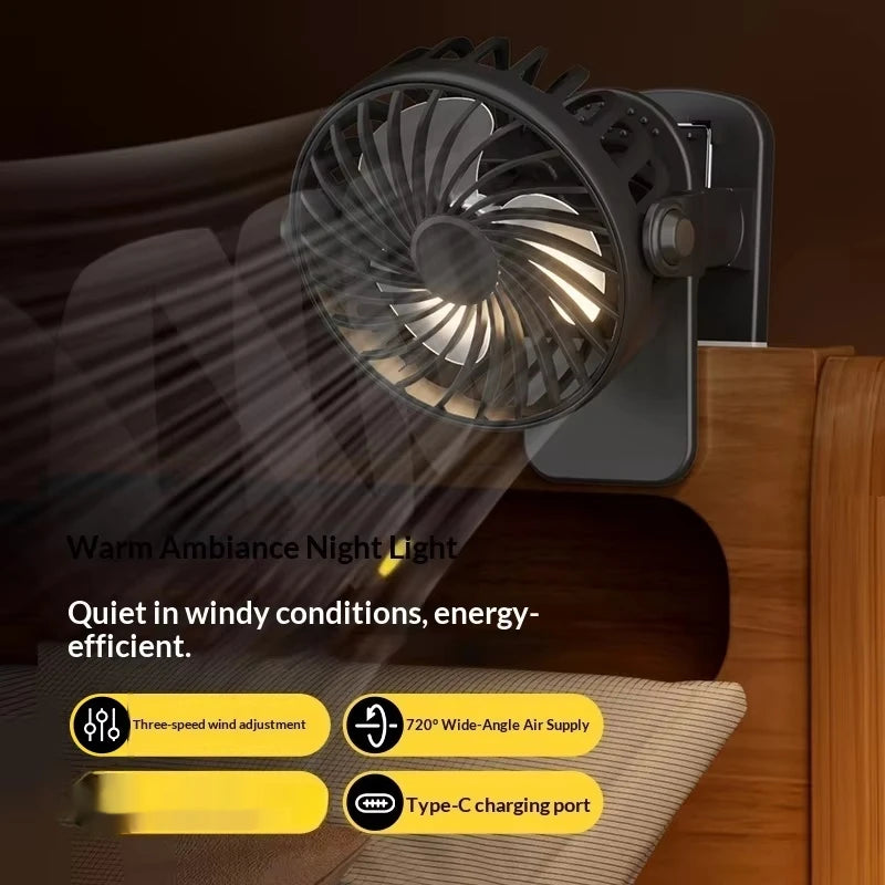 HOMEFISH Portable Rechargeable Clip Fan 720° Rotatable Hanging Fan with Night Light Air Cooler for Outdoor Camping Ventilador