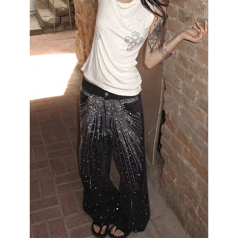 American Vintage Hip-hop High Waist Print Jeans Pants Women's Casual Baggy Y2K Wide Leg Grunge Streetwear Style Denim Trouser