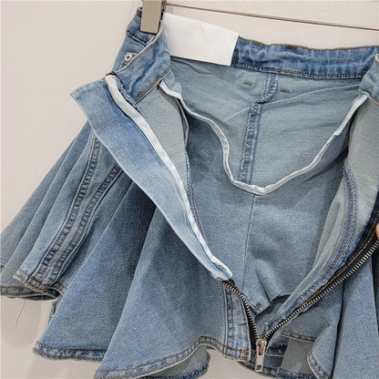 DEAT 3D Cutting Ruffled Edge Denim Skirts For Women 2024 Summer New Fashion Zipper Splicing Pleated Elastic Skirt Female 11A0198