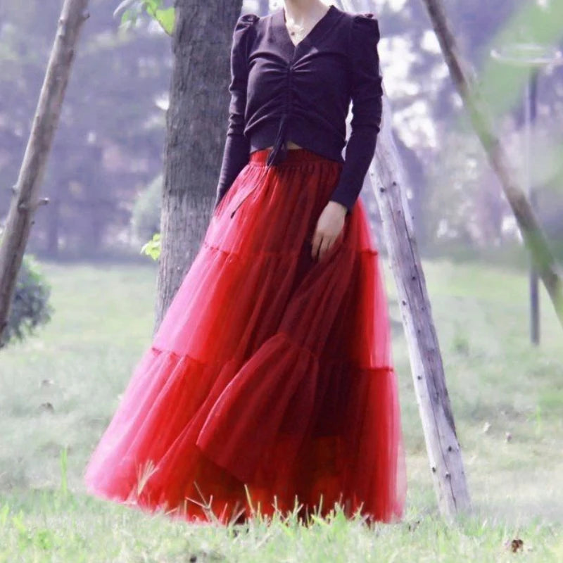 Autumn Fairy Puffy Maxi Long Gauze Skirt Cakee Patchwork A-line Layered Tulle Ankle Long Skirts Green Burgundy