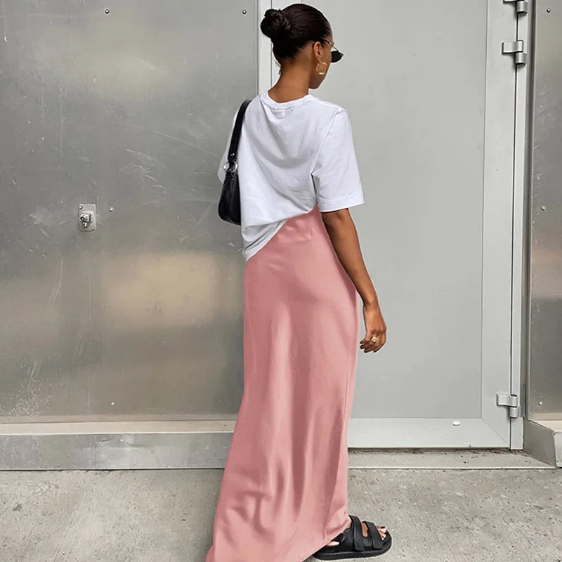 Elegant Satin Black Trumpet Skirts Fashion Slim High Waist Skirts Women Female 2024 Solid Office Long Skirt Spring Summer