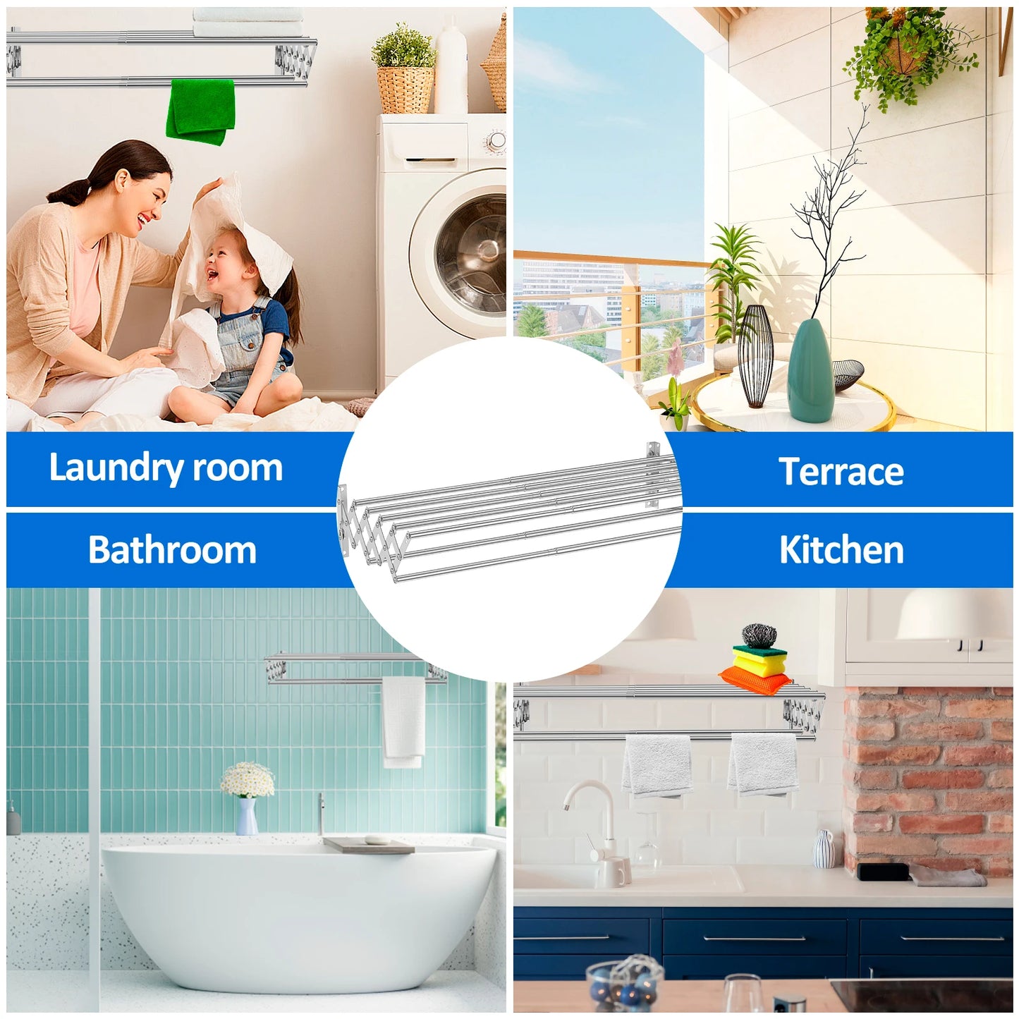 Wall Mounted Clothes Drying Rack Stainless Steel Accordion Retractable Drying Rack Towel Clothes Horse For Balcony Bathroom
