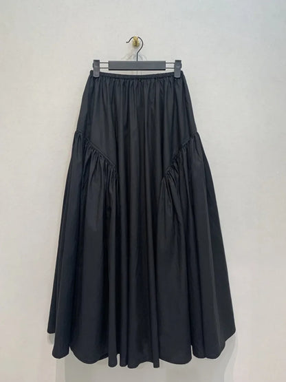 Kuzuwata Loose Autumn Winter Casual Solid Skirt A-line Mid-length Patchwork Big Swing Faldas Japan Moda Ruched All-match Skirts