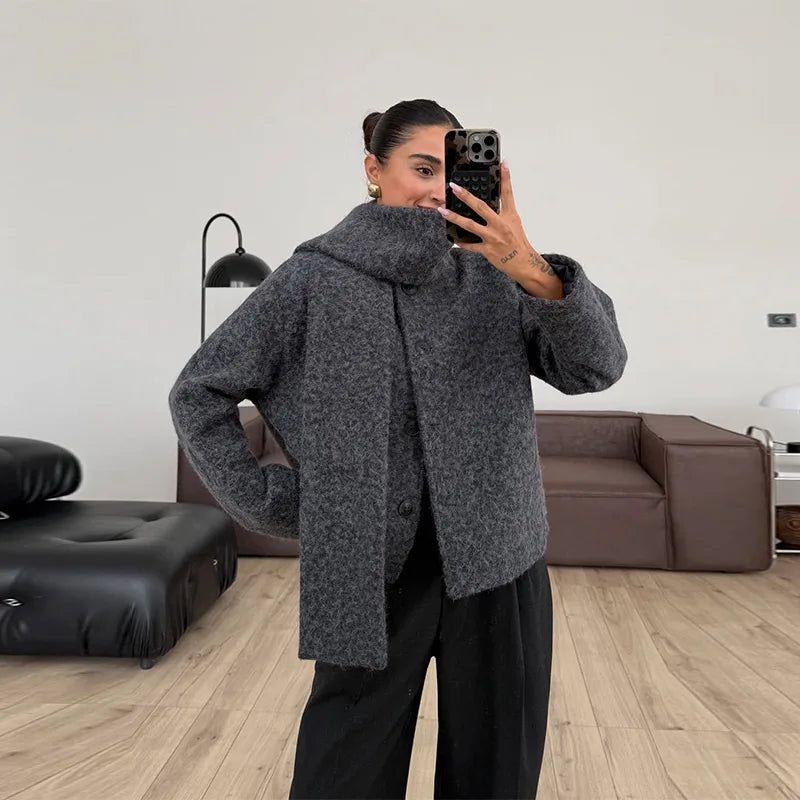 Winter Soft Loose Classical Thick Coat Fashion Simple Office Scarf Botton Wool Jacket Vintage Easy Match Warm Commuter Outerwear