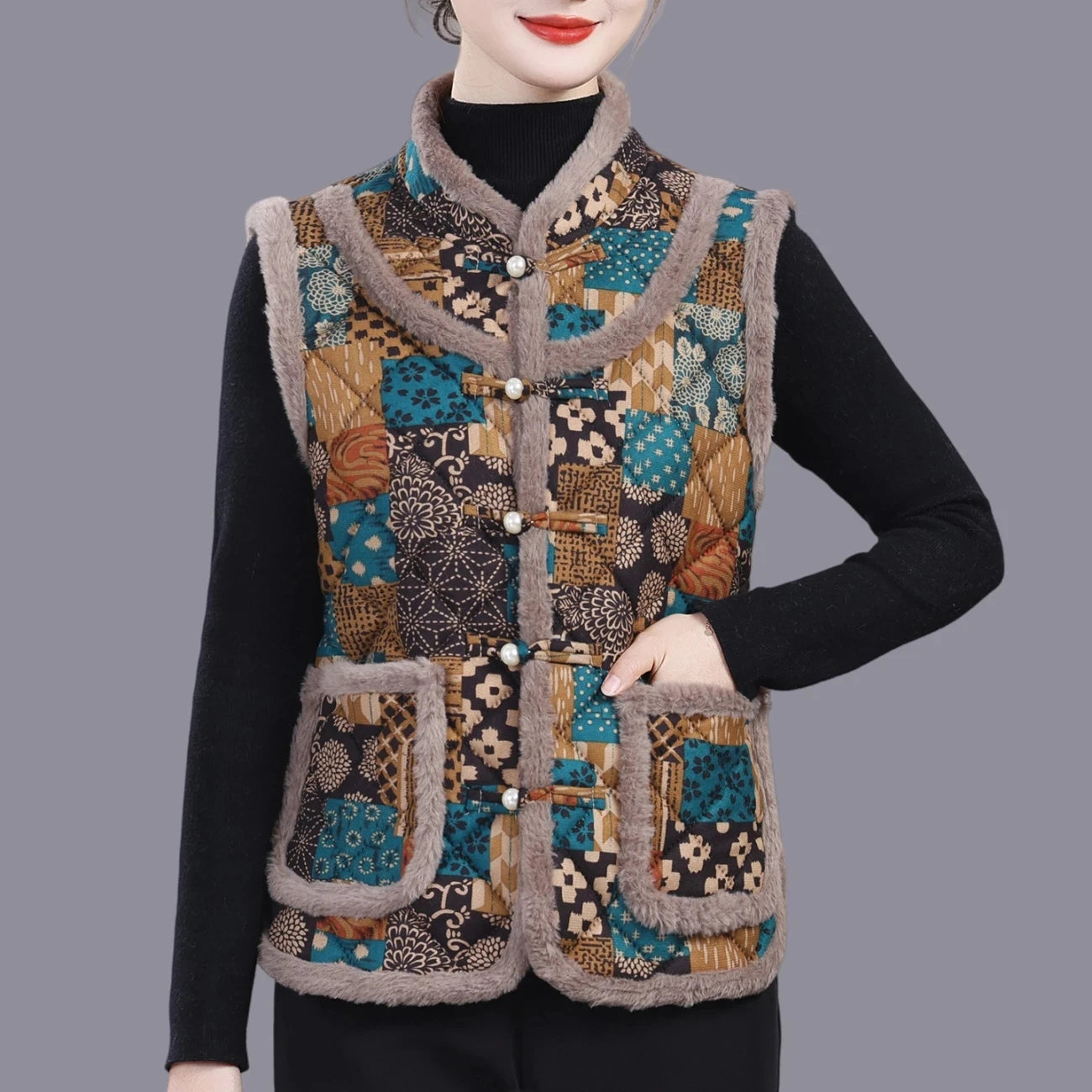 5XL Middle-aged Mother Vest Autumn Winter New Printed Fleece Vest Coat Female Sleeveless Jacket Grandma Thicken Warm Waistcoat