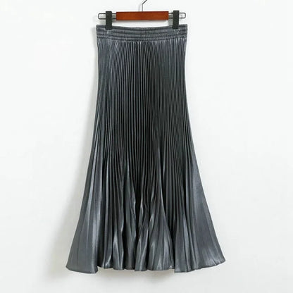 Women's Fashion Pleated Mermaid Long Skirt Korean Style Casual High Waist Satin Flowy Skirts Shiny 19 Colors 2024 Spring SK500