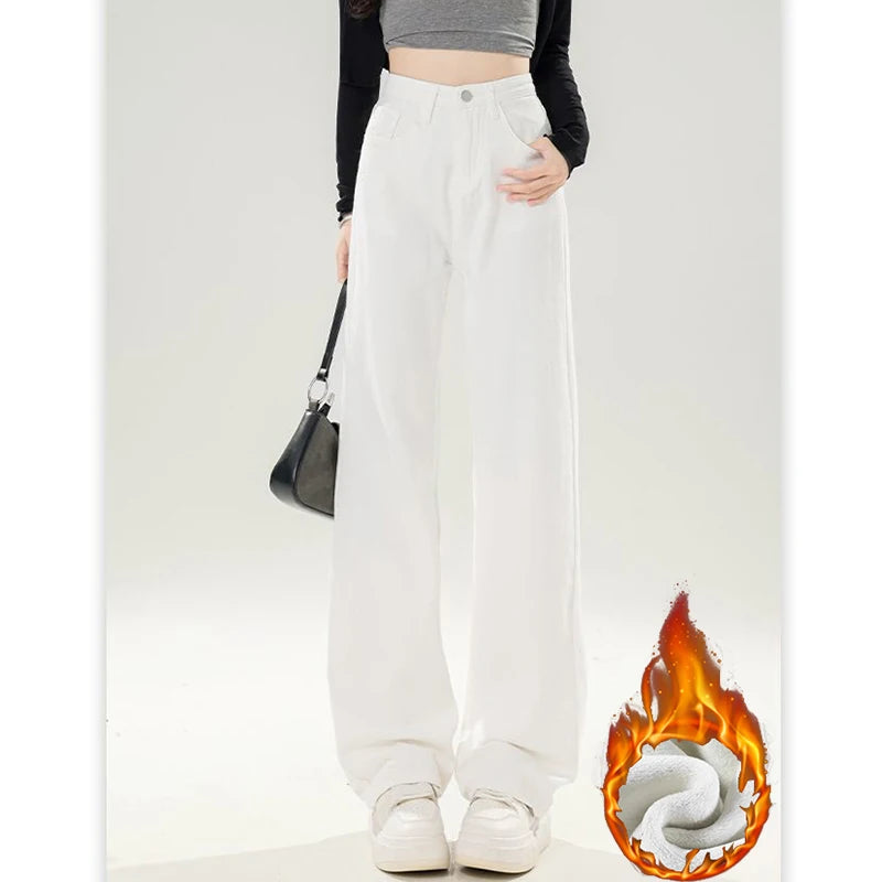 Winter Girls Thermal Fleece High Waist Jeans Lady Snow Warm Plush Denim Pants Women Classic Fashion Straight Leg Trousers
