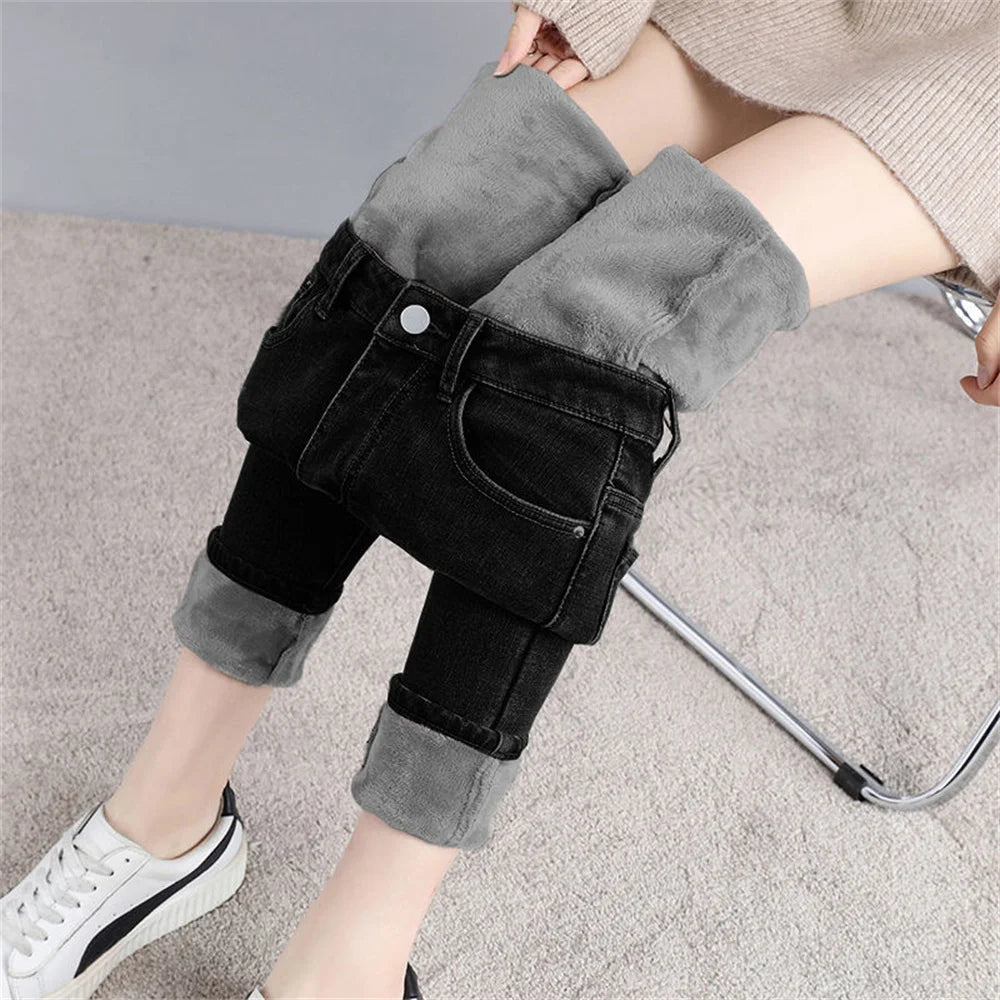 Winter Mid Waist Skinny Warm Jeans Women Plus Velvet Ankle Length Casual Thick Pencil Pants women clothing Fleece Denim Trousers