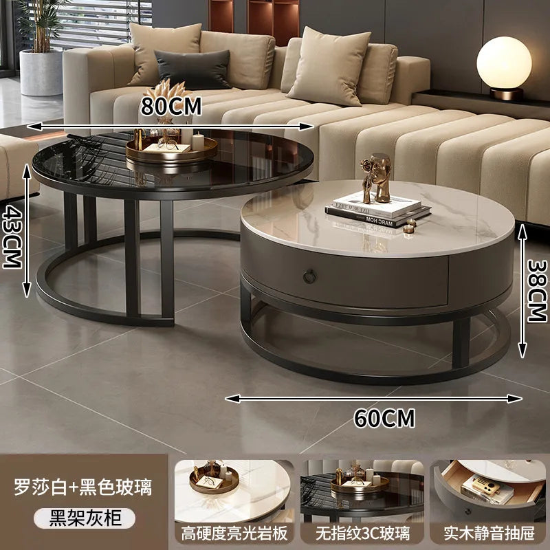 Round edge rock slab coffee table Hakka simple modern small apartment light luxury household small tea table