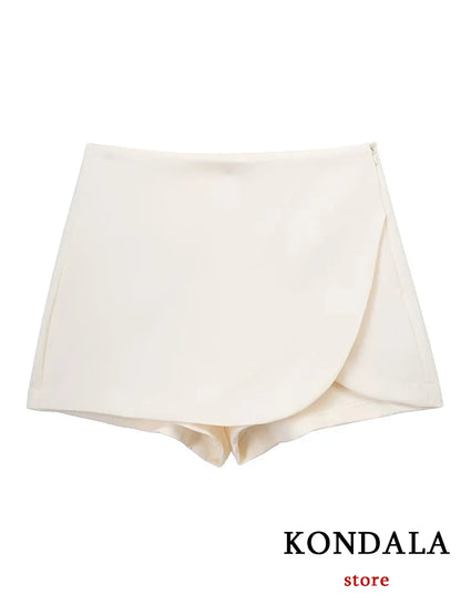 KONDALA Women Fashion 2025 Casual Mini Asymmetrical Skirts Shorts High Waist Back Pockets Wide Leg Skirts Zipper Female Shorts