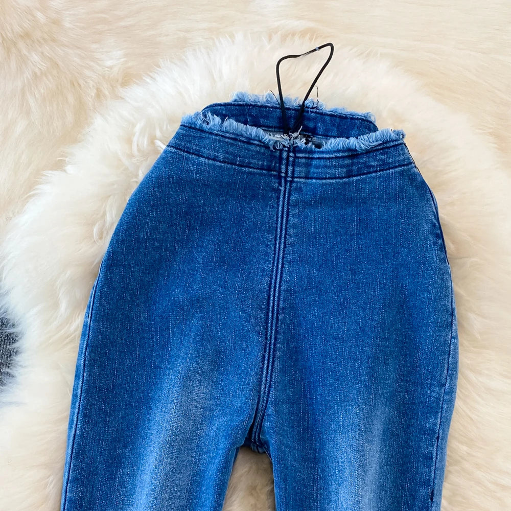 Fashion Women's Jeans 2025 Autumn New High Waist Slimming Tight-breasted Raw Edge Stretch Flared Trousers Korean Women Clothing